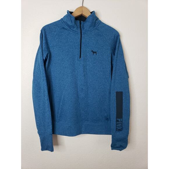 Pink Brand Blue Pullover Sweater Medium Quarter Zip Activewear Thumb Holes - Picture 1 of 9